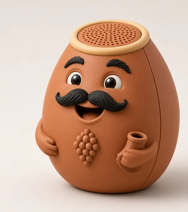 Gïo, a terracotta qvevri-shaped figurine with bushy eyebrows, a black moustache and a grape cluster on his belly